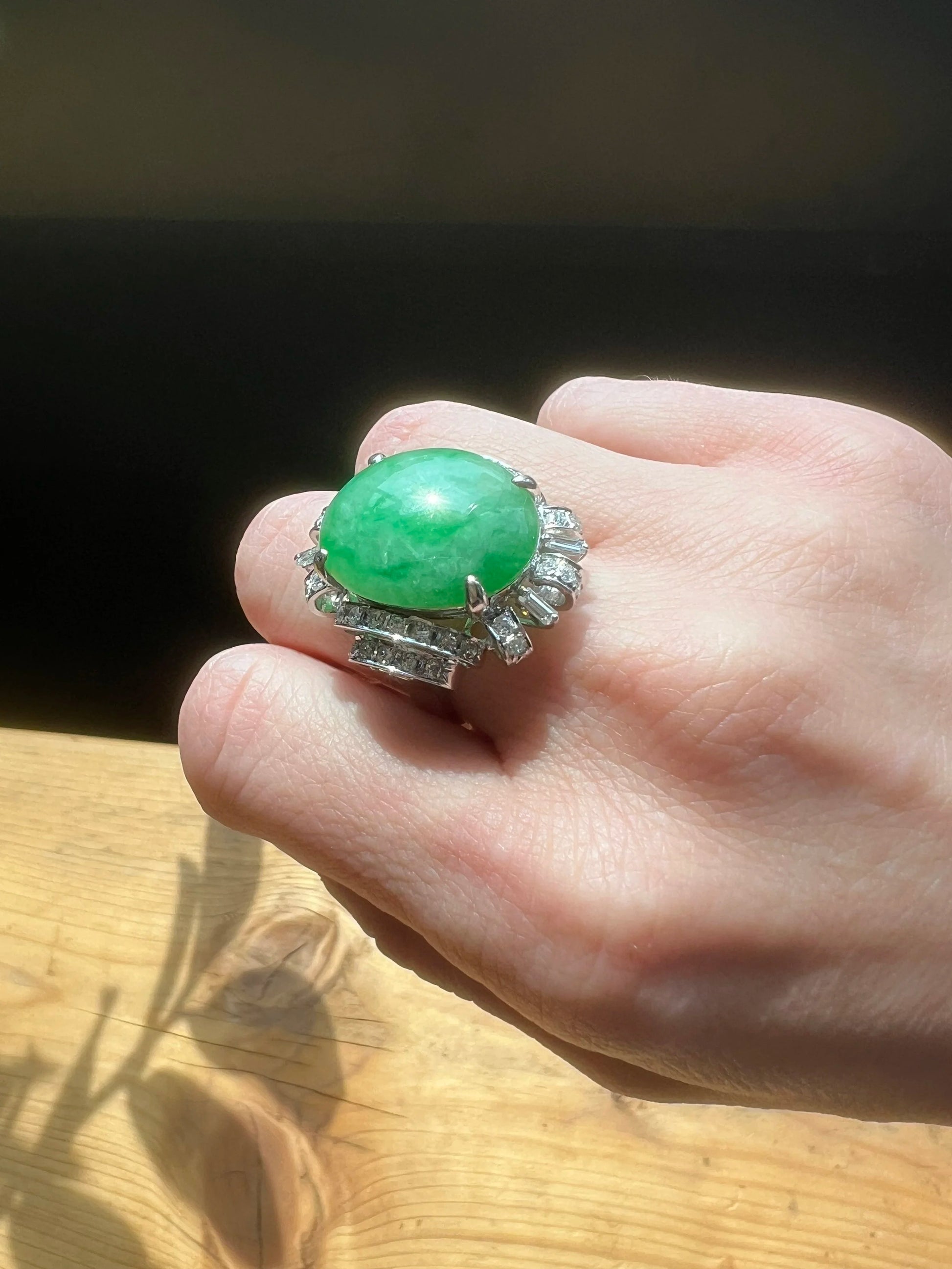 Vintage White Gold Cluster Ring with 23.10ct Jade & Diamonds