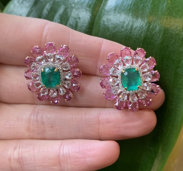 Emerald, Diamond and Pink Sapphire Cluster Earrings, 13.48 carat total