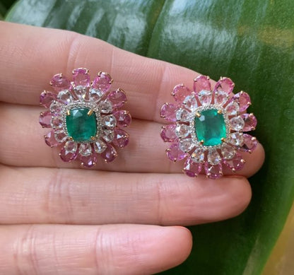 Emerald, Diamond and Pink Sapphire Cluster Earrings, 13.48 carat total