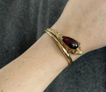 Antique Victorian Gold Garnet Snake Bangle, Circa 1860