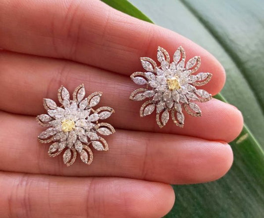 Pair of Fancy Yellow Diamond Floral Daisy Cluster Earrings, 3.55 carats