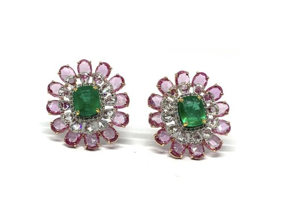 Emerald, Diamond and Pink Sapphire Cluster Earrings, 13.48 carat total