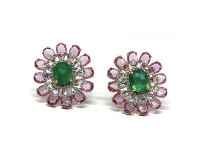 Emerald, Diamond and Pink Sapphire Cluster Earrings, 13.48 carat total