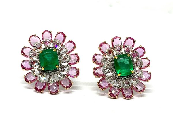 Emerald, Diamond and Pink Sapphire Cluster Earrings, 13.48 carat total