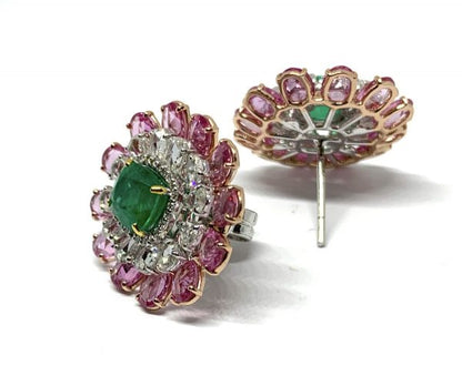 Emerald, Diamond and Pink Sapphire Cluster Earrings, 13.48 carat total