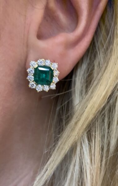 Vintage Columbian Emerald and Diamond Cluster Earrings, Studs