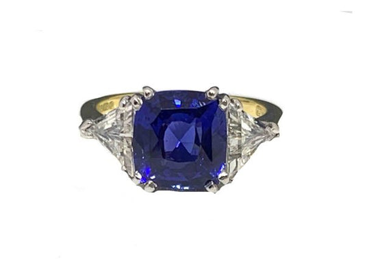 Ceylon sapphire cushion cut 4 carat no heat and trillant cut triangular ring engagement jewellery discovery Blue