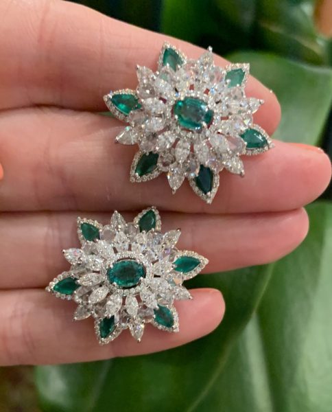 Pair of Emerald and Diamond Floral Cluster Earrings, 10.38 carat total