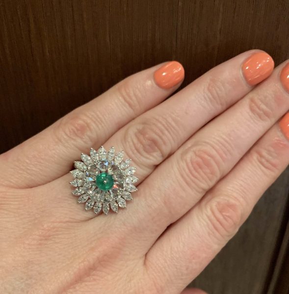 Emerald and Diamond Floral Cluster Dress Ring, 4.52 carat total
