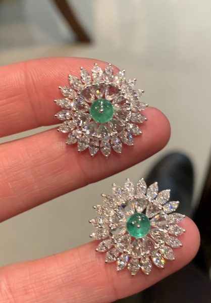 Pair of Emerald and Diamond Cluster Earrings, 7.27 carat total