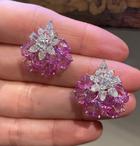 Pink Sapphire and Diamond Cluster Earrings, 14.69 carat total