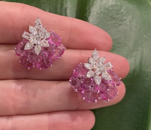Pink Sapphire and Diamond Cluster Earrings, 14.69 carat total