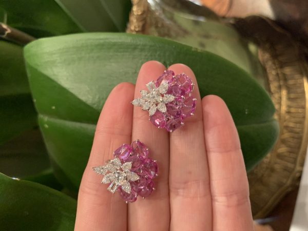 Pink Sapphire and Diamond Cluster Earrings, 14.69 carat total