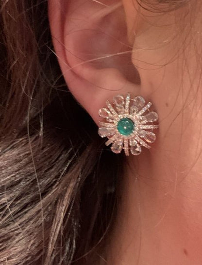 Pair of Emerald and Diamond Starburst Cluster Earrings, 6.15 carat total