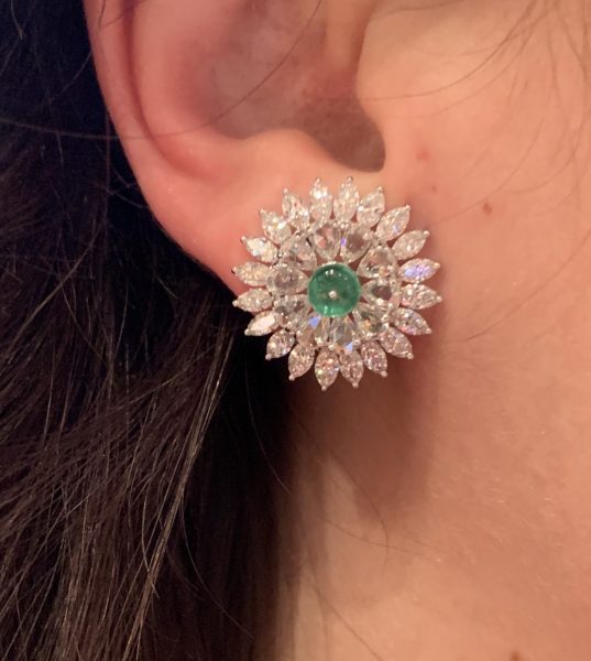 Pair of Emerald and Diamond Cluster Earrings, 7.27 carat total