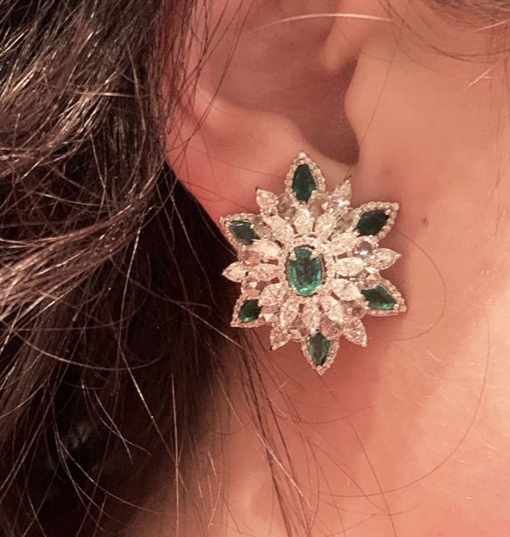 Pair of Emerald and Diamond Floral Cluster Earrings, 10.38 carat total
