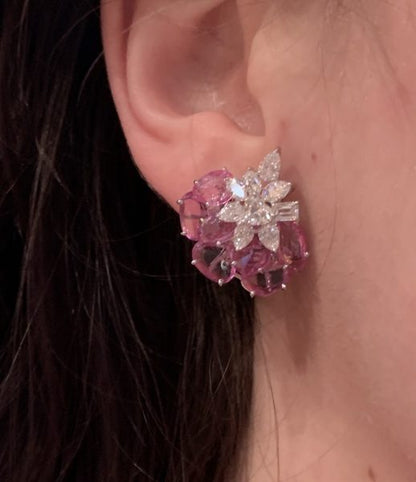 Pink Sapphire and Diamond Cluster Earrings, 14.69 carat total