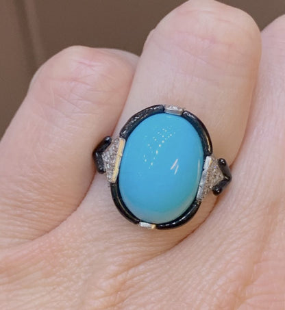 Art Deco Turquoise, Enamel and Diamond Ring, 1925