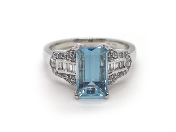 Emerald Cut Aquamarine and Diamond Dress Ring, Platinum