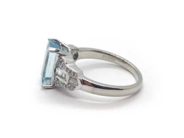 Emerald Cut Aquamarine and Diamond Dress Ring, Platinum