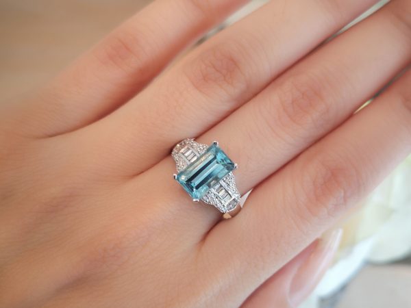 Emerald Cut Aquamarine and Diamond Dress Ring, Platinum
