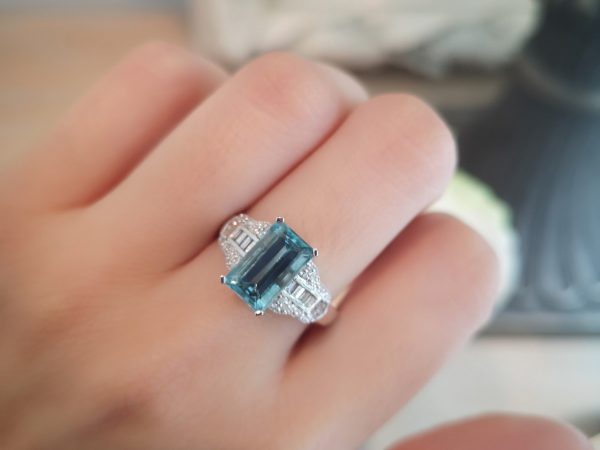Emerald Cut Aquamarine and Diamond Dress Ring, Platinum
