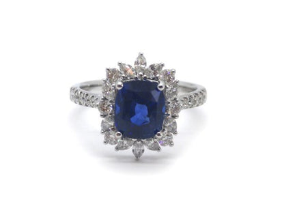 Sri Lankan Sapphire and Diamond Cluster Ring, 18ct White Gold