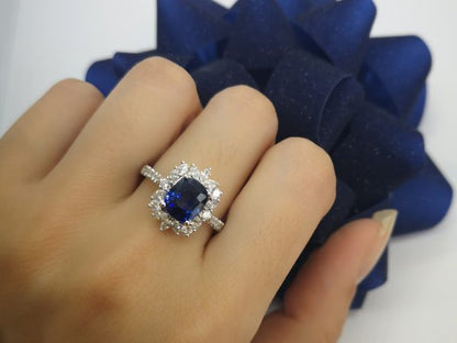 Sri Lankan Sapphire and Diamond Cluster Ring, 18ct White Gold