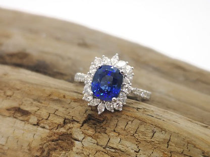 Sri Lankan Sapphire and Diamond Cluster Ring, 18ct White Gold