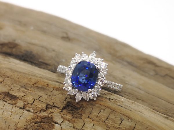Sri Lankan Sapphire and Diamond Cluster Ring, 18ct White Gold