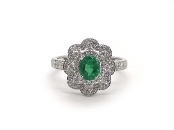 Emerald and Diamond Flower Cluster Ring, 18ct White Gold