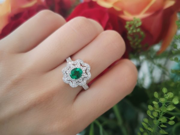 Emerald and Diamond Flower Cluster Ring, 18ct White Gold