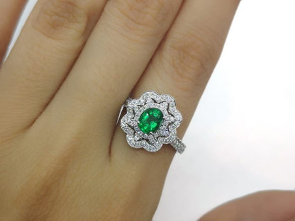 Emerald and Diamond Flower Cluster Ring, 18ct White Gold