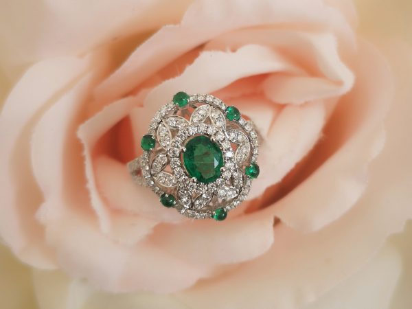 Zambian Emerald and Diamond Dress Ring, 18ct White Gold