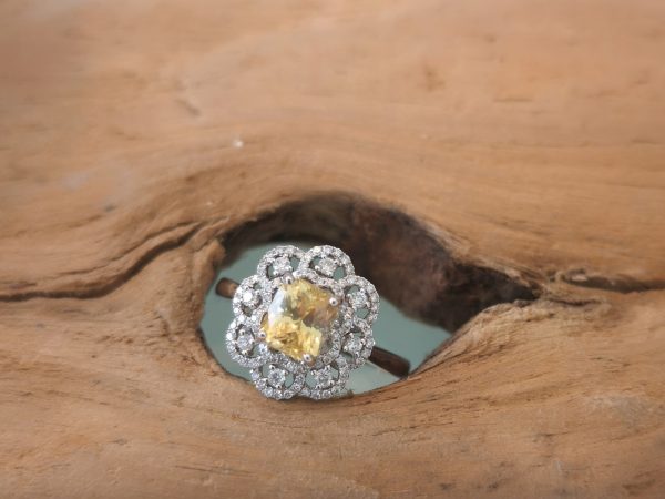 Natural 1.54 carats Yellow Sapphire and Diamond Cluster Dress Ring