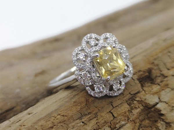 Natural 1.54 carats Yellow Sapphire and Diamond Cluster Dress Ring