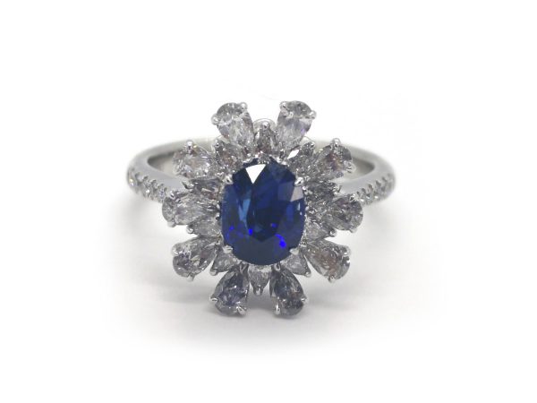 Sapphire and Diamond Flower Design Cluster Ring in Platinum