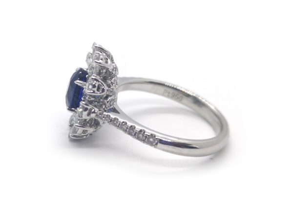 Sapphire and Diamond Flower Design Cluster Ring in Platinum