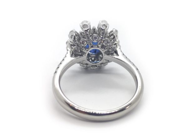 Sapphire and Diamond Flower Design Cluster Ring in Platinum