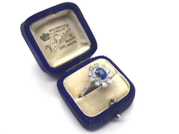 Sapphire and Diamond Flower Design Cluster Ring in Platinum