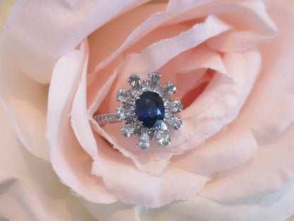Sapphire and Diamond Flower Design Cluster Ring in Platinum