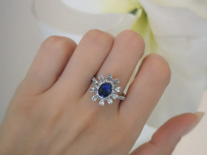 Sapphire and Diamond Flower Design Cluster Ring in Platinum