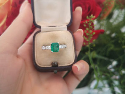 Columbian Emerald and Diamond Engagement Ring, 18ct White Gold