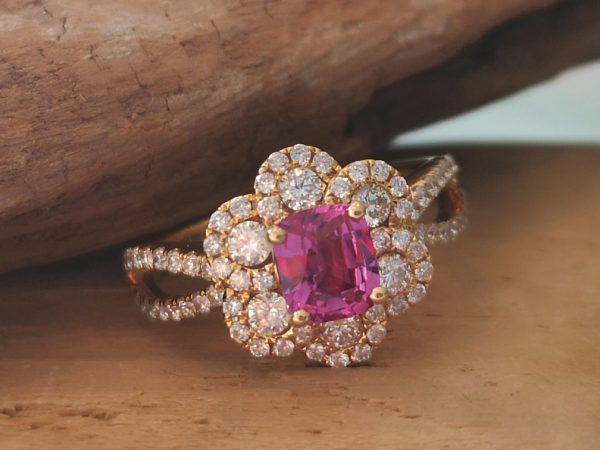 Pink Sapphire and Diamond Flower Cluster Ring, 18ct Gold