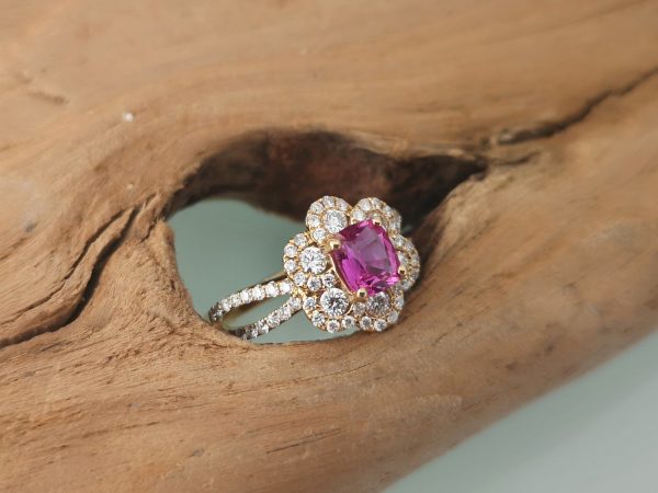 Pink Sapphire and Diamond Flower Cluster Ring, 18ct Gold
