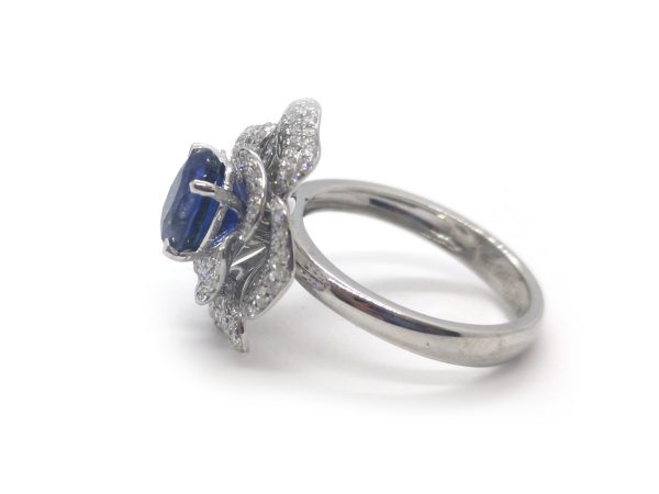 Sri Lankan Sapphire and Double Diamond Cluster Ring, 18ct White Gold