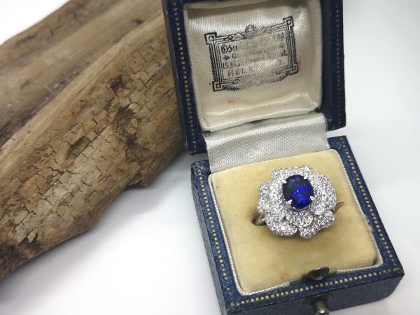 Sri Lankan Sapphire and Double Diamond Cluster Ring, 18ct White Gold