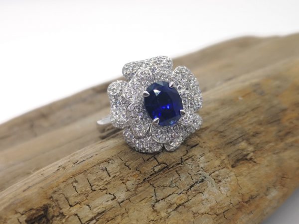 Sri Lankan Sapphire and Double Diamond Cluster Ring, 18ct White Gold