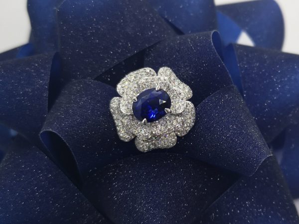 Sri Lankan Sapphire and Double Diamond Cluster Ring, 18ct White Gold