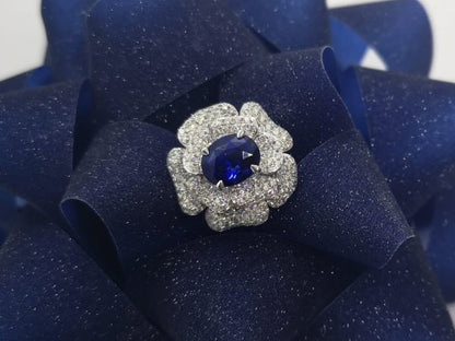 Sri Lankan Sapphire and Double Diamond Cluster Ring, 18ct White Gold